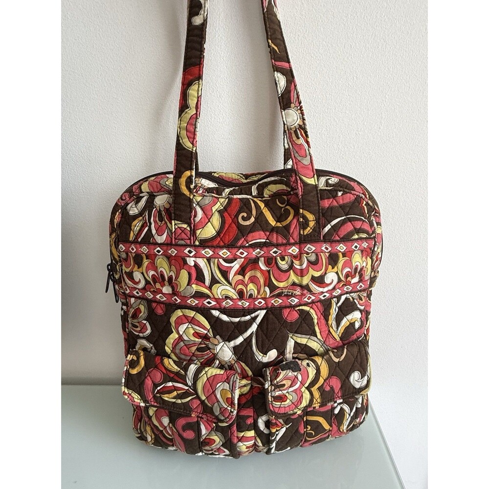 Vera Bradley Quilted Tote Shoulder Bag Brown Pink Floral Multi Pocket Cotton
